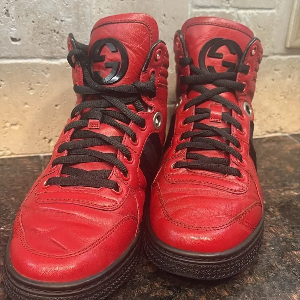 Gucci Silverstone NS Nylon High 'Red' Viaggio Leather Stripe Collection $890